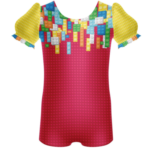 Building Blocks Puff Sleeve Biketard-Red