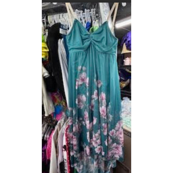 Teal dress pink flowers