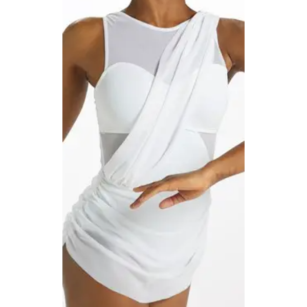 Asymmetrical Mesh Drape Dress – White