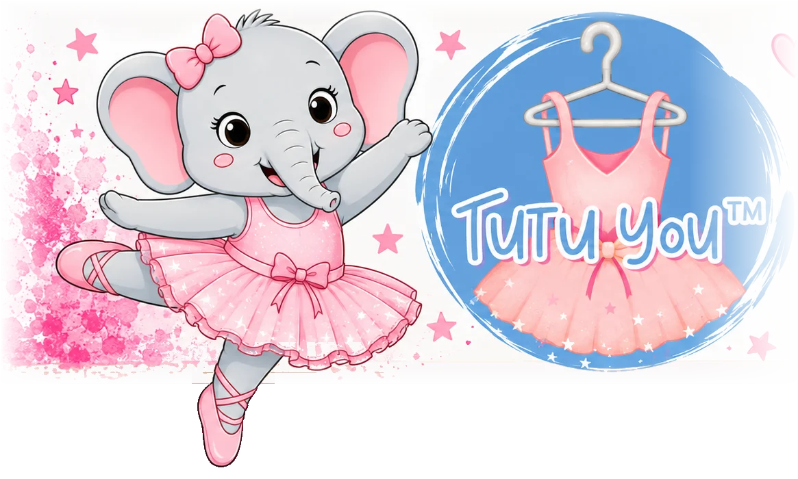 Tutu You ballerina elephant in a pink tutu next to the Tutu You logo